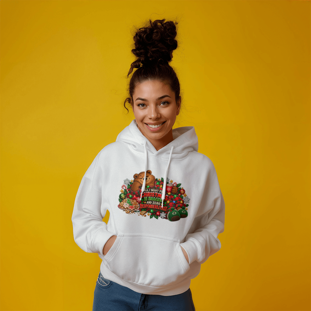"All I Want for Christmas Is Snacks" Funny Bear Christmas Sweater - Cozy Holiday Pajama Sweatshirt