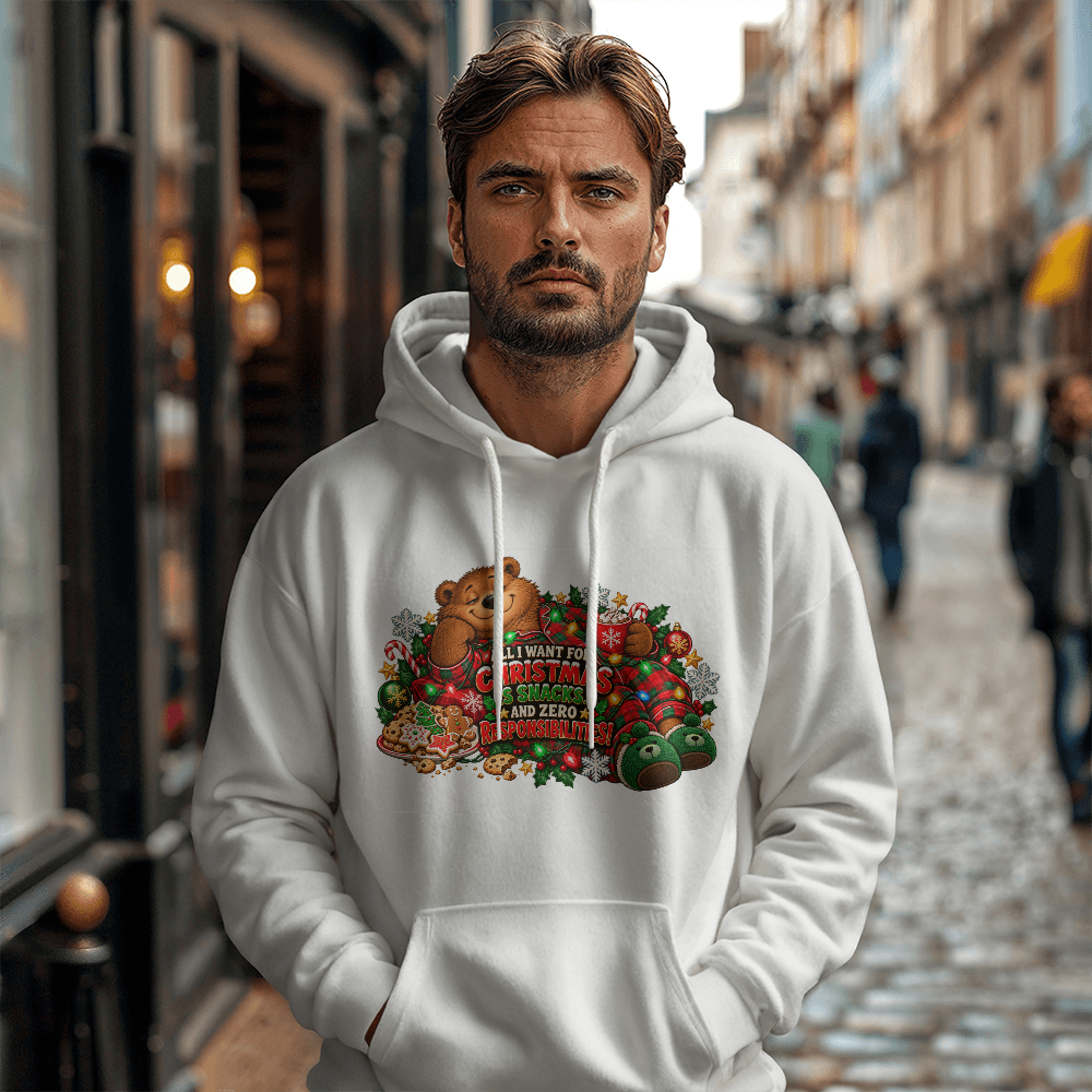 "All I Want for Christmas Is Snacks" Funny Bear Christmas Sweater - Cozy Holiday Pajama Sweatshirt