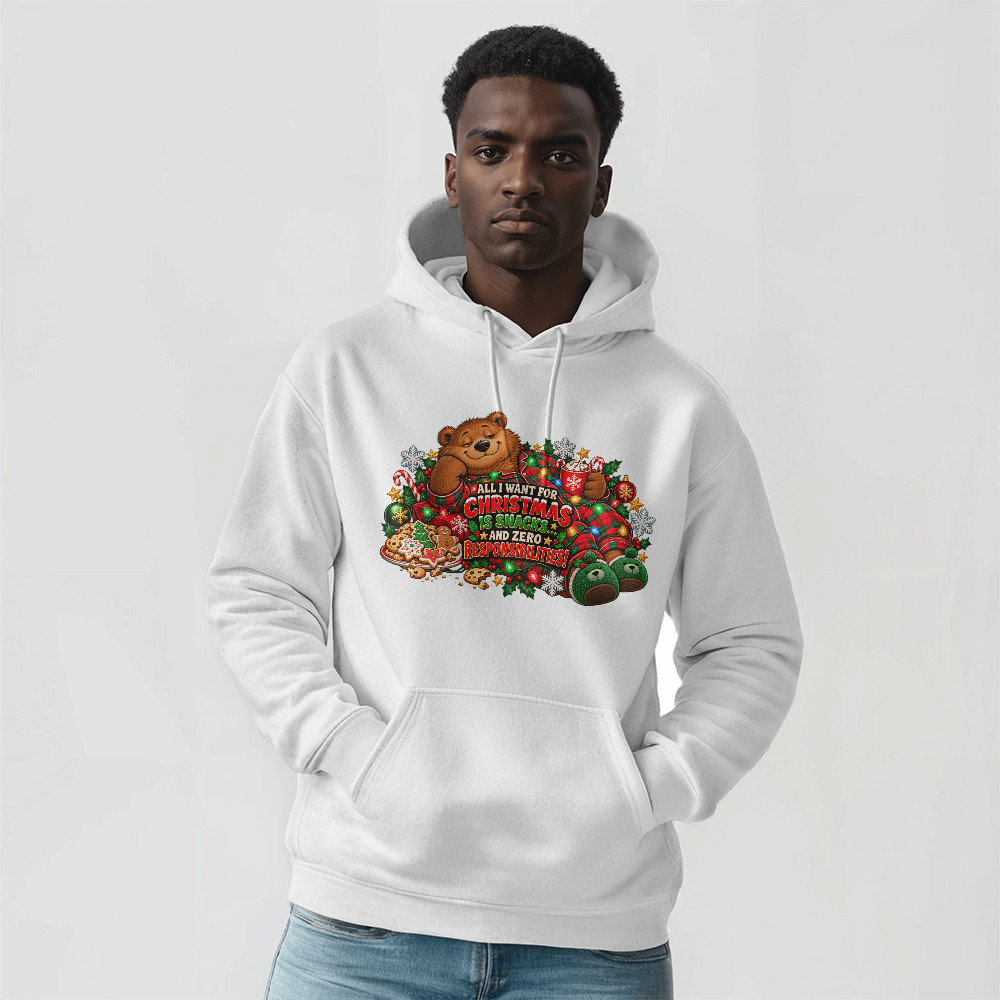"All I Want for Christmas Is Snacks" Funny Bear Christmas Sweater - Cozy Holiday Pajama Sweatshirt