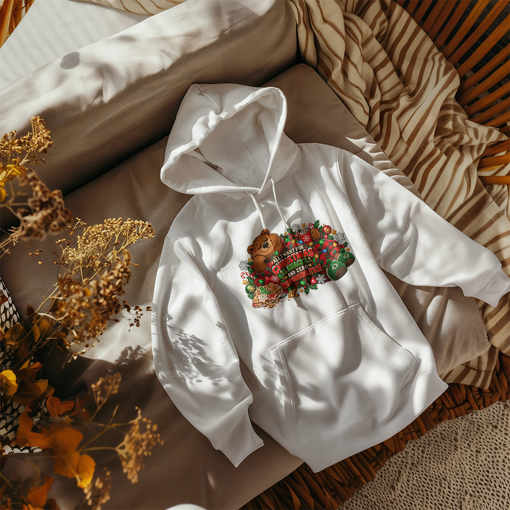 "All I Want for Christmas Is Snacks" Funny Bear Christmas Sweater - Cozy Holiday Pajama Sweatshirt