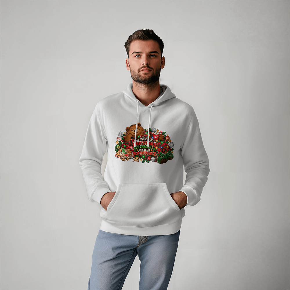 "All I Want for Christmas Is Snacks" Funny Bear Christmas Sweater - Cozy Holiday Pajama Sweatshirt