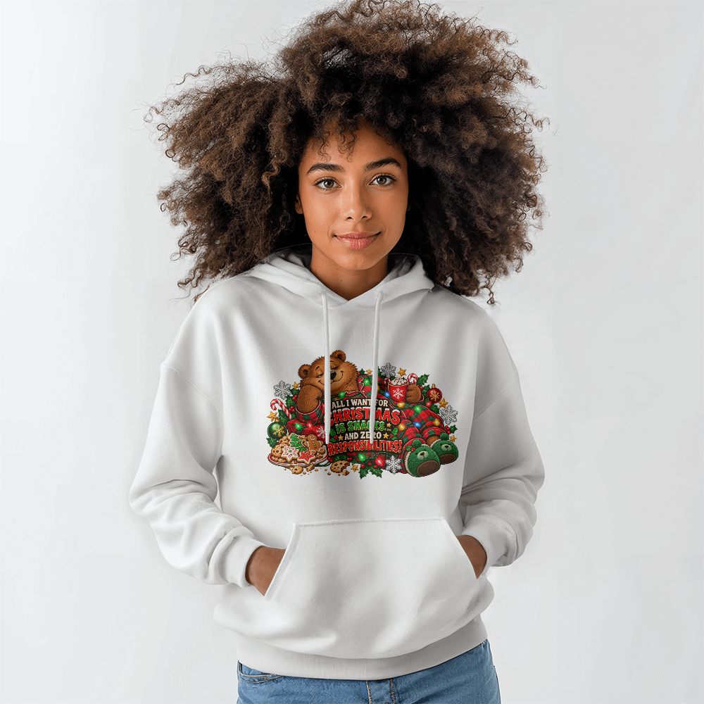 "All I Want for Christmas Is Snacks" Funny Bear Christmas Sweater - Cozy Holiday Pajama Sweatshirt