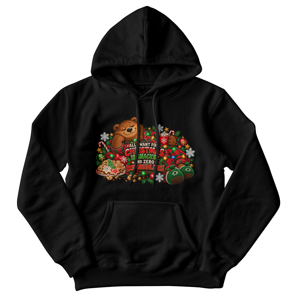 "All I Want for Christmas Is Snacks" Funny Bear Christmas Sweater - Cozy Holiday Pajama Sweatshirt