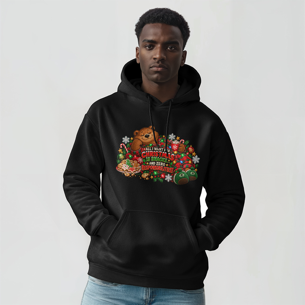 "All I Want for Christmas Is Snacks" Funny Bear Christmas Sweater - Cozy Holiday Pajama Sweatshirt