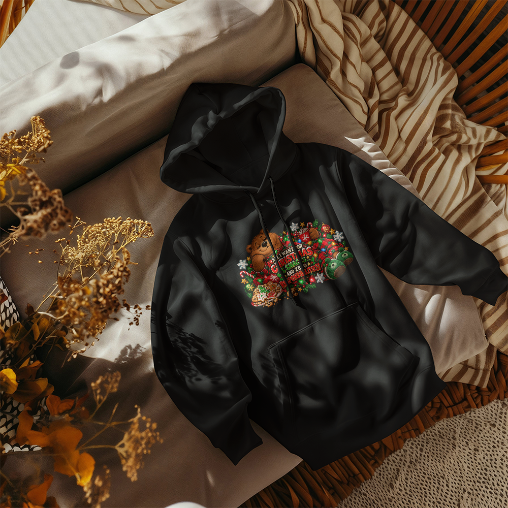 "All I Want for Christmas Is Snacks" Funny Bear Christmas Sweater - Cozy Holiday Pajama Sweatshirt