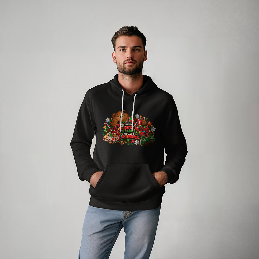 "All I Want for Christmas Is Snacks" Funny Bear Christmas Sweater - Cozy Holiday Pajama Sweatshirt
