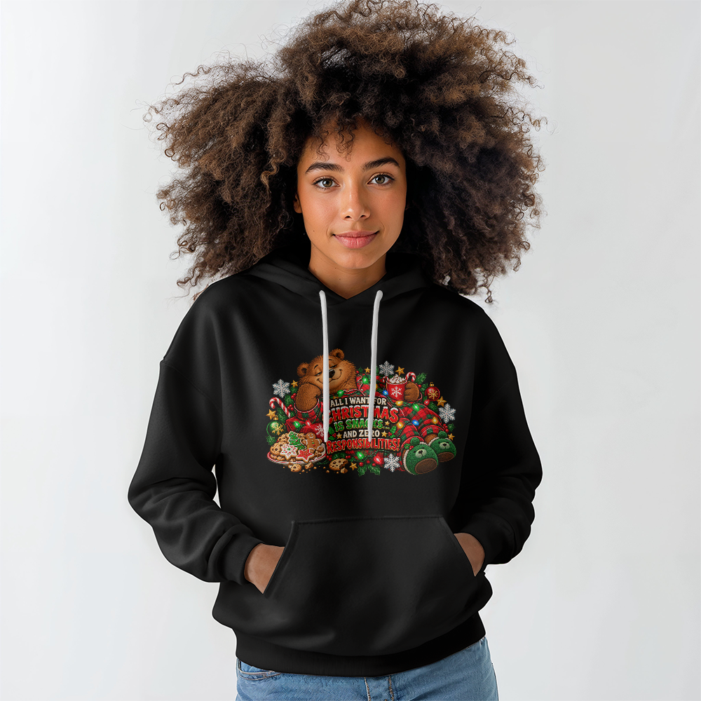 "All I Want for Christmas Is Snacks" Funny Bear Christmas Sweater - Cozy Holiday Pajama Sweatshirt