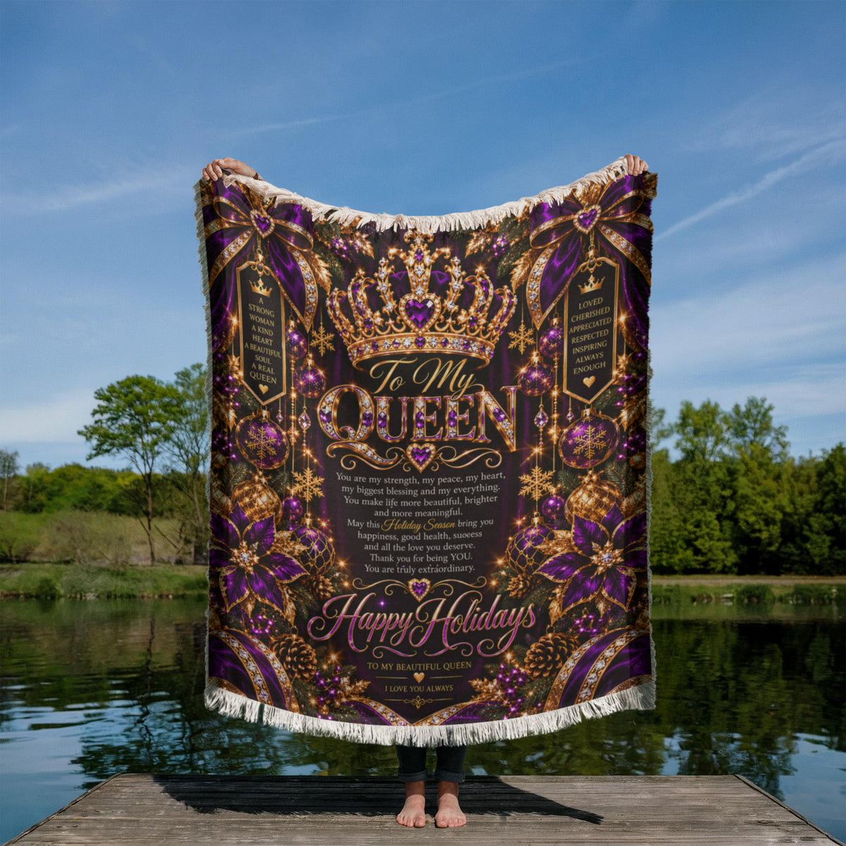 Queen Happy Holidays Printed Woven Purple Blanket – Luxury Christmas Keepsake Gift