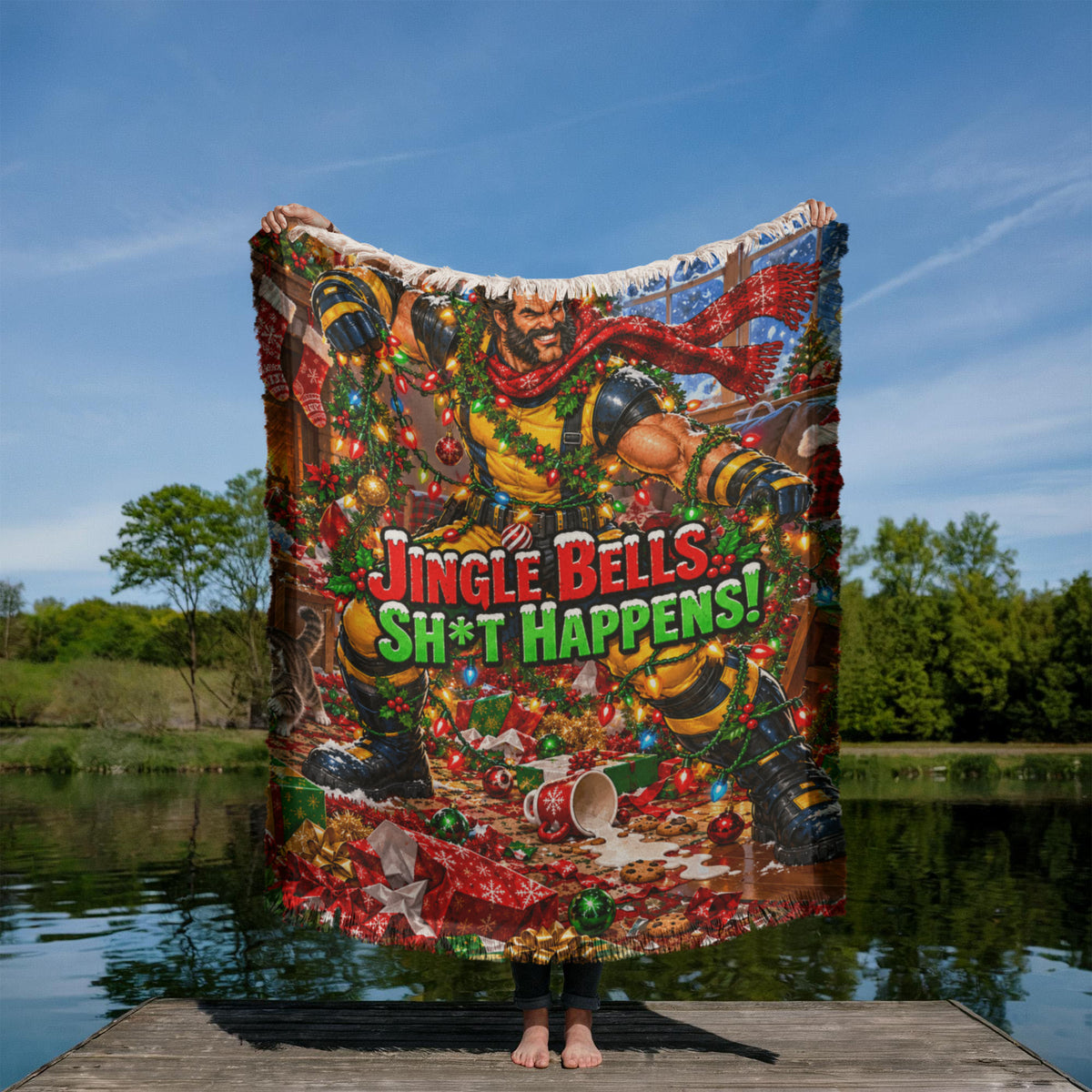 Jingle Bells Sh*t Happens Funny Christmas Woven Throw Blanket- Adult Holiday Gift