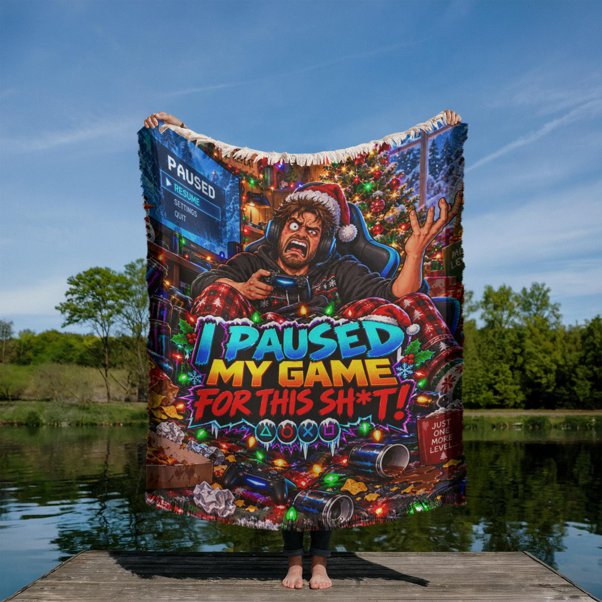 I Paused My Game  Funny Adult Christmas Throw Blanket- Gamer Holiday Gift