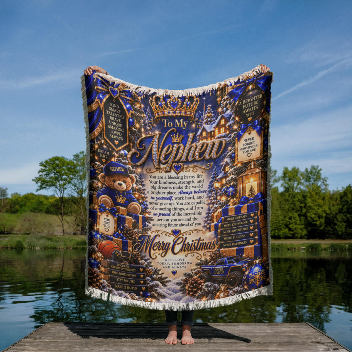 To My Nephew Christmas Woven Blue Blanket – Heartfelt Holiday Keepsake Gift for Nephew
