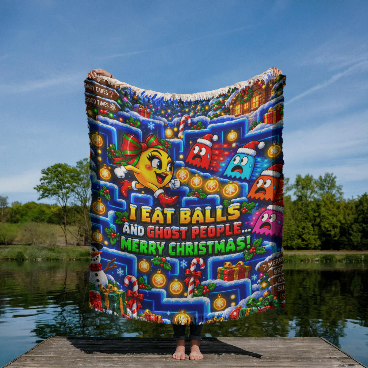 I Eat Balls and Ghost People Funny Christmas Woven Throw Blanket – Retro Arcade Gamer Holiday Gift,