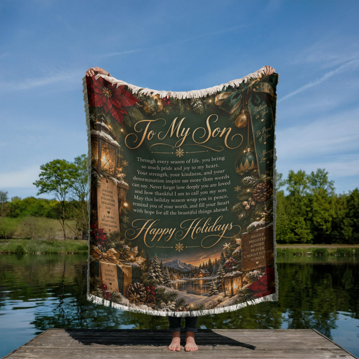 To My Son Happy Holidays Printed Green Woven Blanket – Heartfelt Christmas Keepsake Gift
