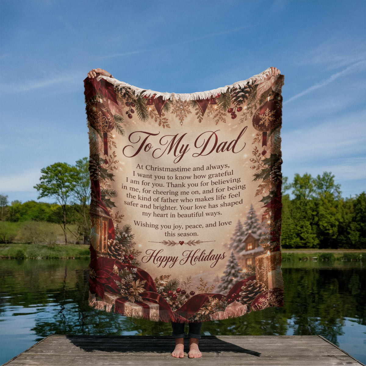 To My Dad Happy Holidays Woven Burgundy Blanket – Heartfelt Holiday Gift for Dad, Father Christmas Keepsake