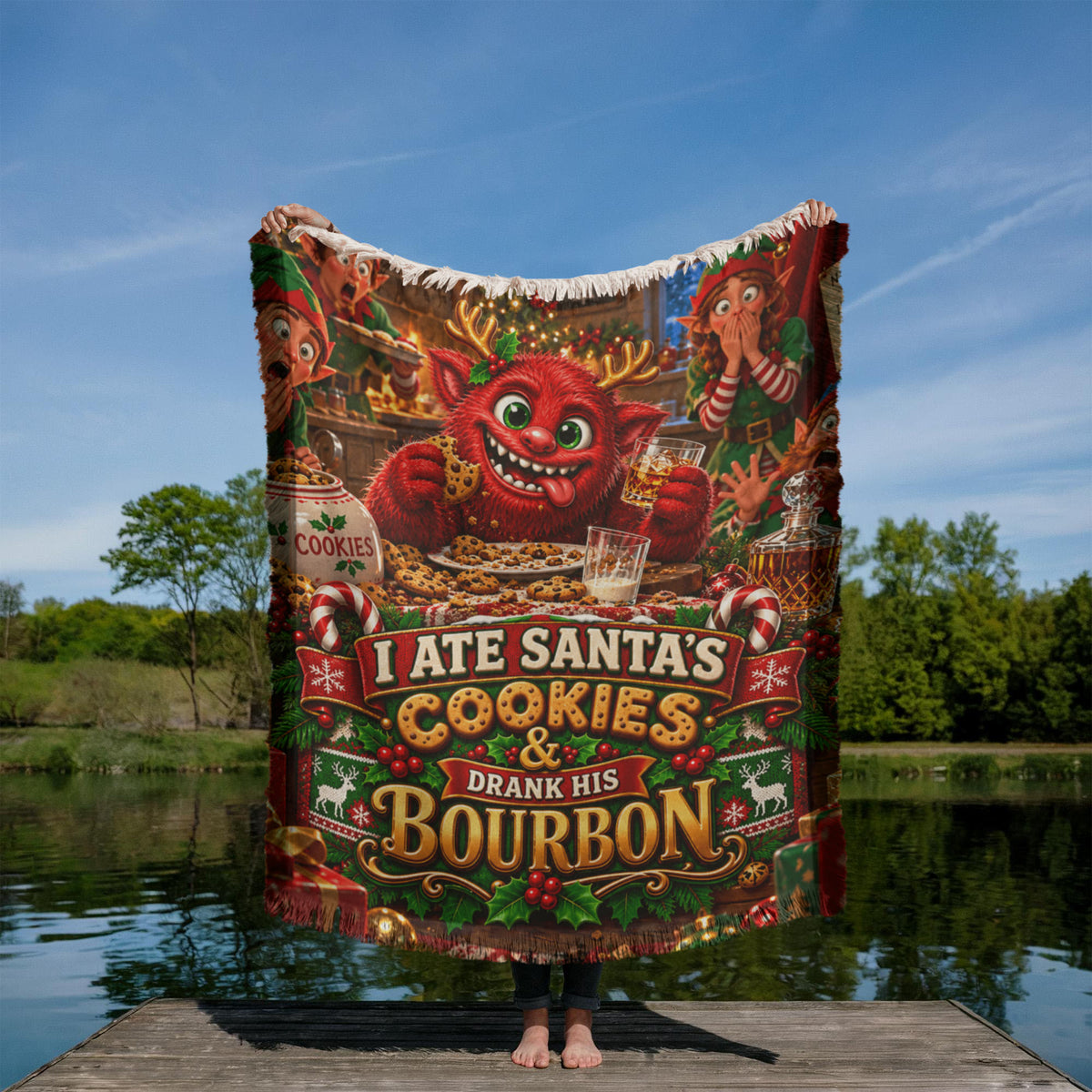 I Ate Santa's Cookies & Drank His Bourbon Funny Christmas Woven Throw Blanket – Adult Holiday Gift