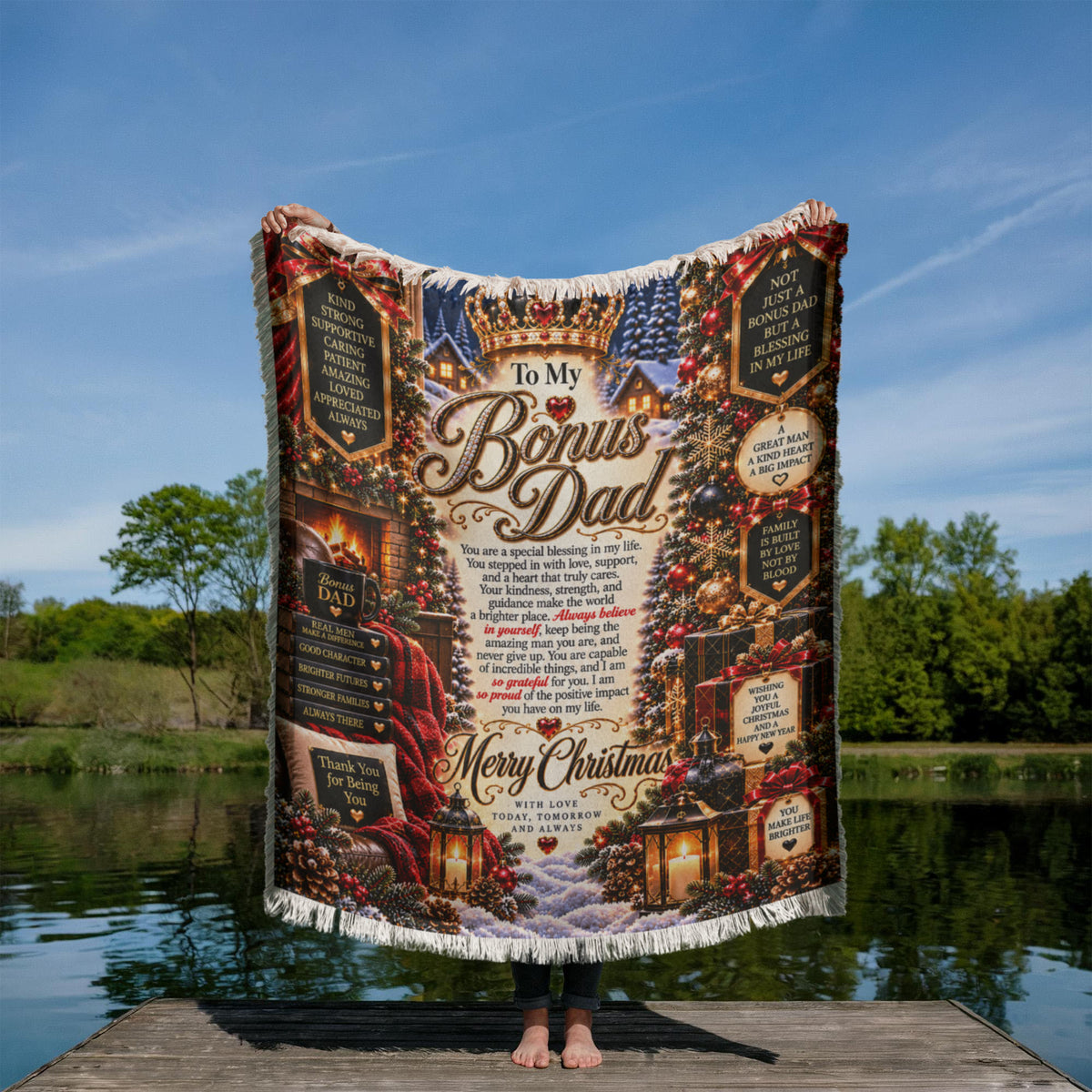 To My Bonus Dad Christmas Woven Blanket – Heartfelt Holiday Keepsake Gift for Bonus Father