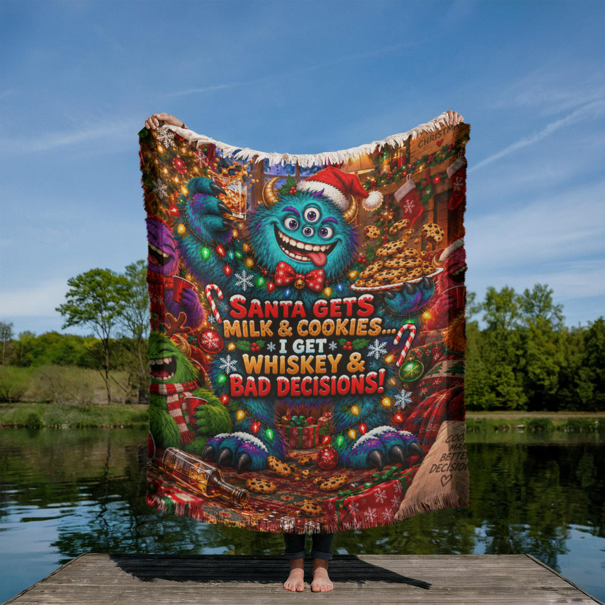 Santa Gets Milk & Cookies, Funny Christmas Woven Throw Blanket–Adult Holiday Gift