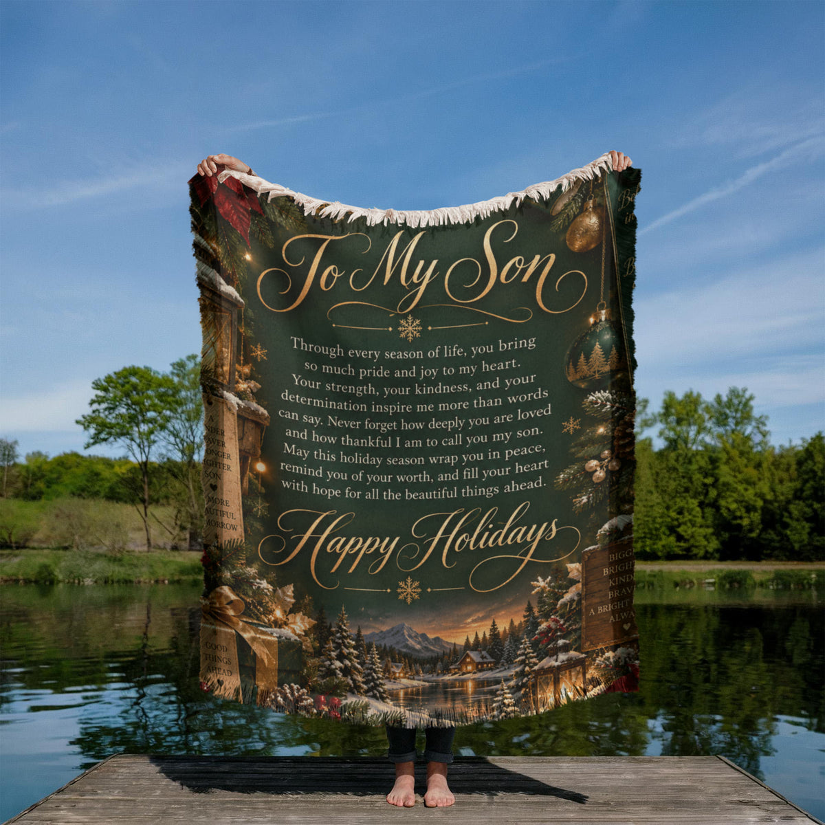 To My Son Happy Holidays Woven Green Blanket – Heartfelt Christmas Gift for Son, Holiday Keepsake from Mom or Dad