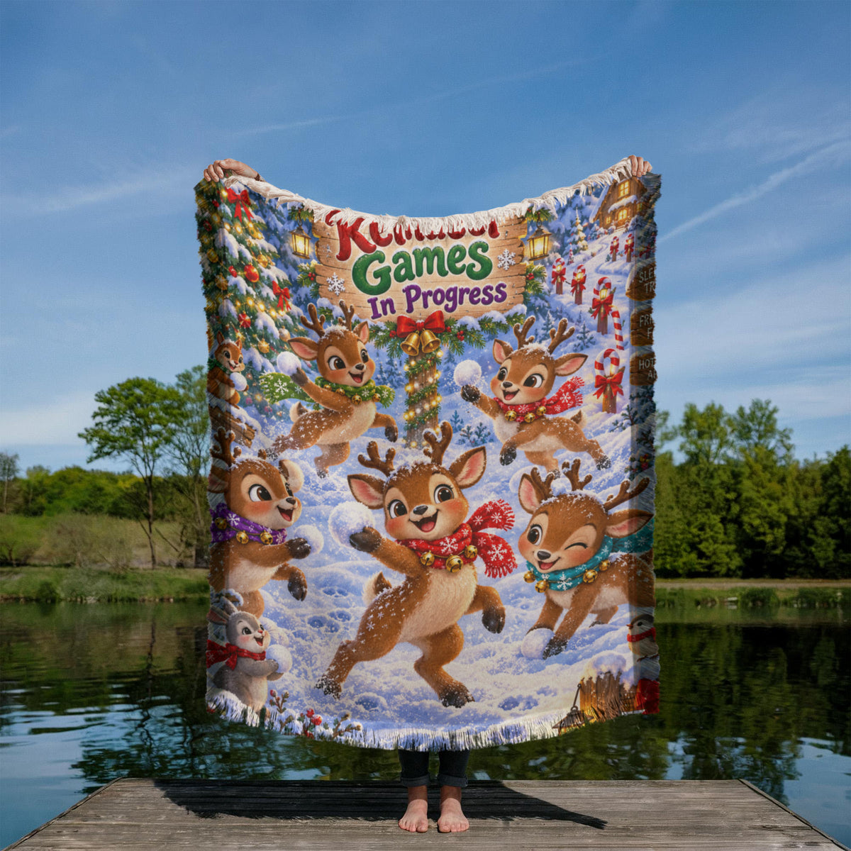 Kids Reindeer Christmas Throw Blanket- Cute Holiday Snowball Fight Blanket for Boys and Girls
