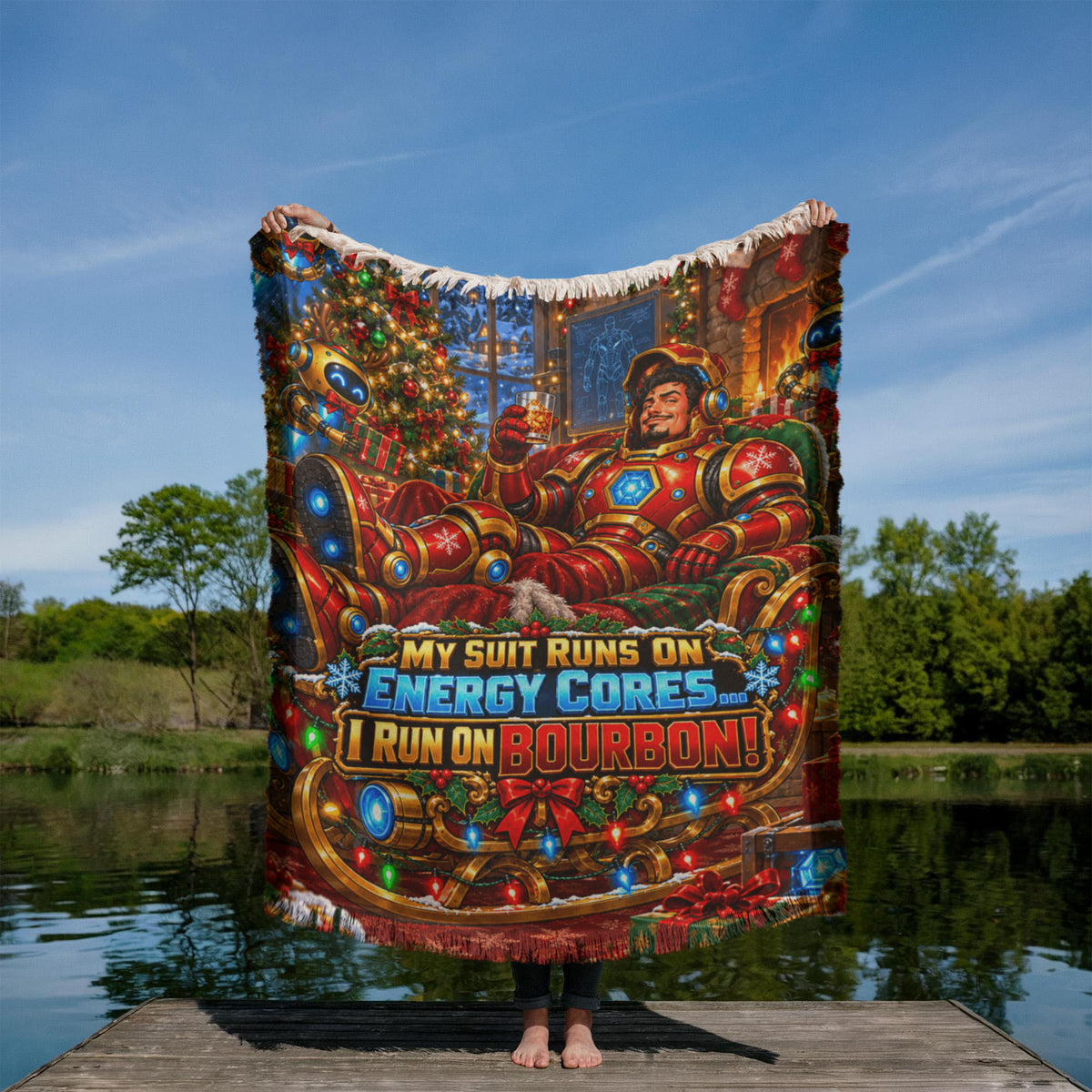 My Suits Run on Energy Cores Funny Christmas Woven Throw Blanket –Sci-Fi Holiday Gift for Adults