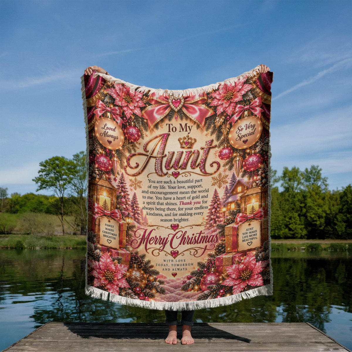 Aunt Merry Christmas Woven Blanket – Sentimental Pink Keepsake Gift for Aunt