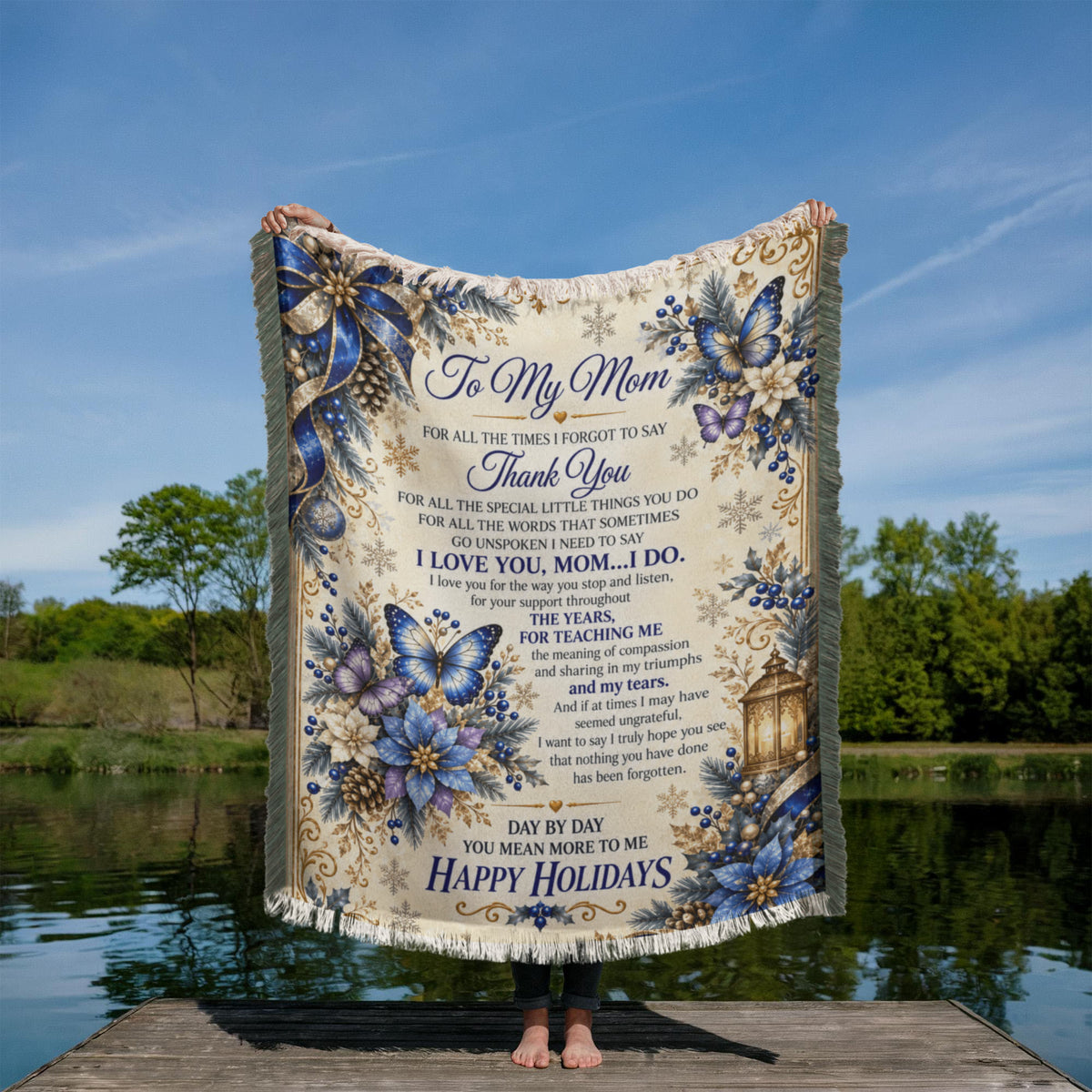 to my mom happy holidays printed woven blanket