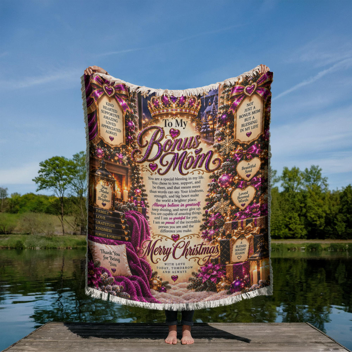 To My Bonus Mom Christmas Woven Blanket – Heartfelt Holiday Keepsake Gift for Bonus Mother