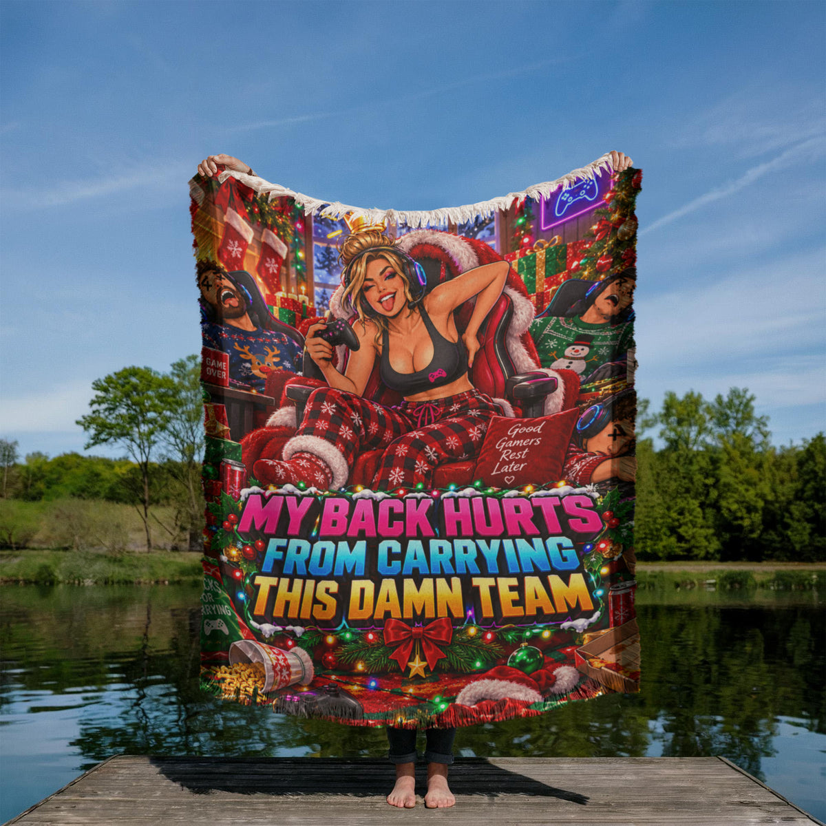 My Back Hurts From Carrying the Team Funny Gamer Christmas Woven Throw Blanket –Gift for Adult Gamers