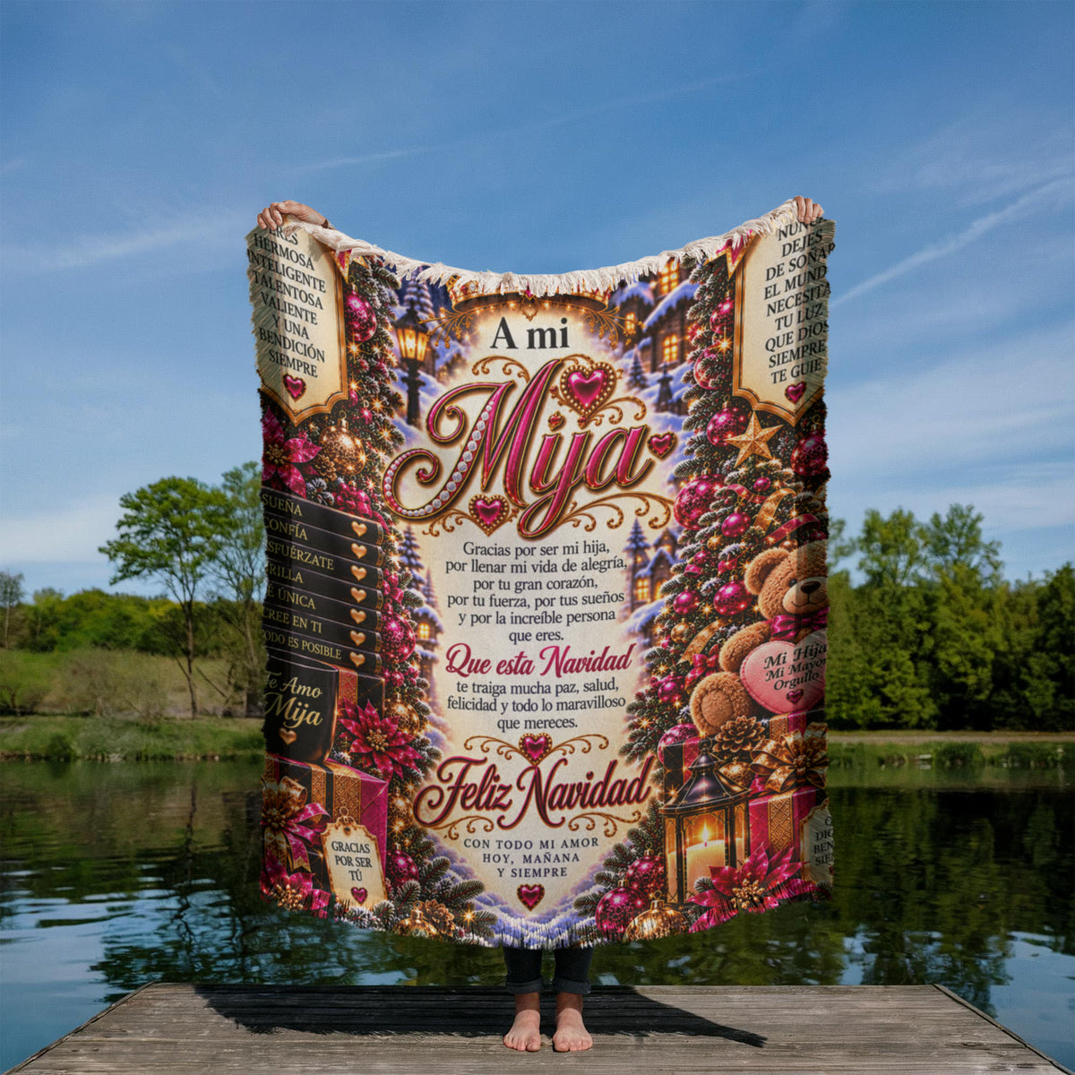 Mija – Rosa: Manta tejida «A mi hija» para una Feliz Navidad – Regalo navideño en español para hija, recuerdo conmovedor de las fiestas