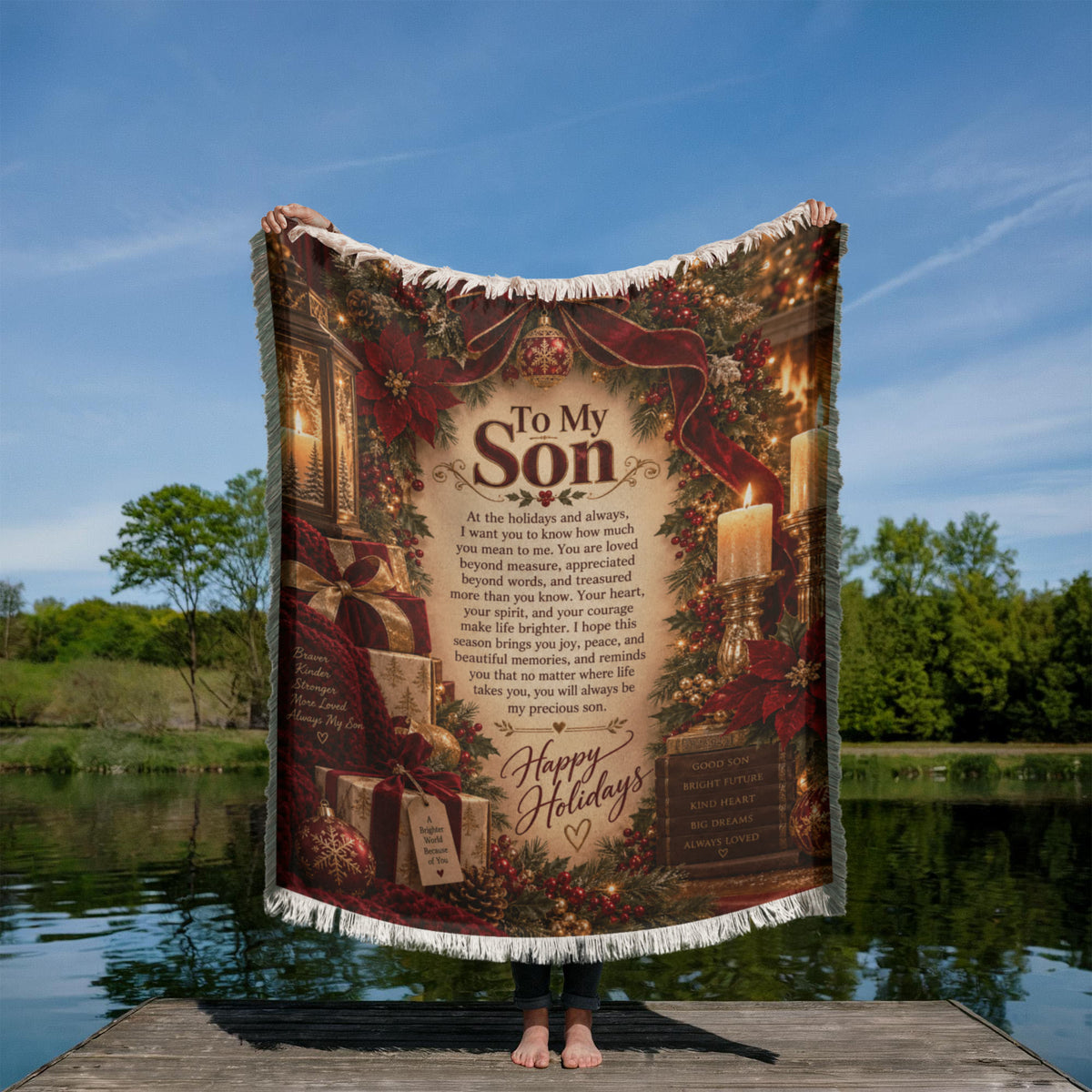 Son Happy Holidays Printed Red Woven Blanket – Heartfelt Christmas Keepsake Gift