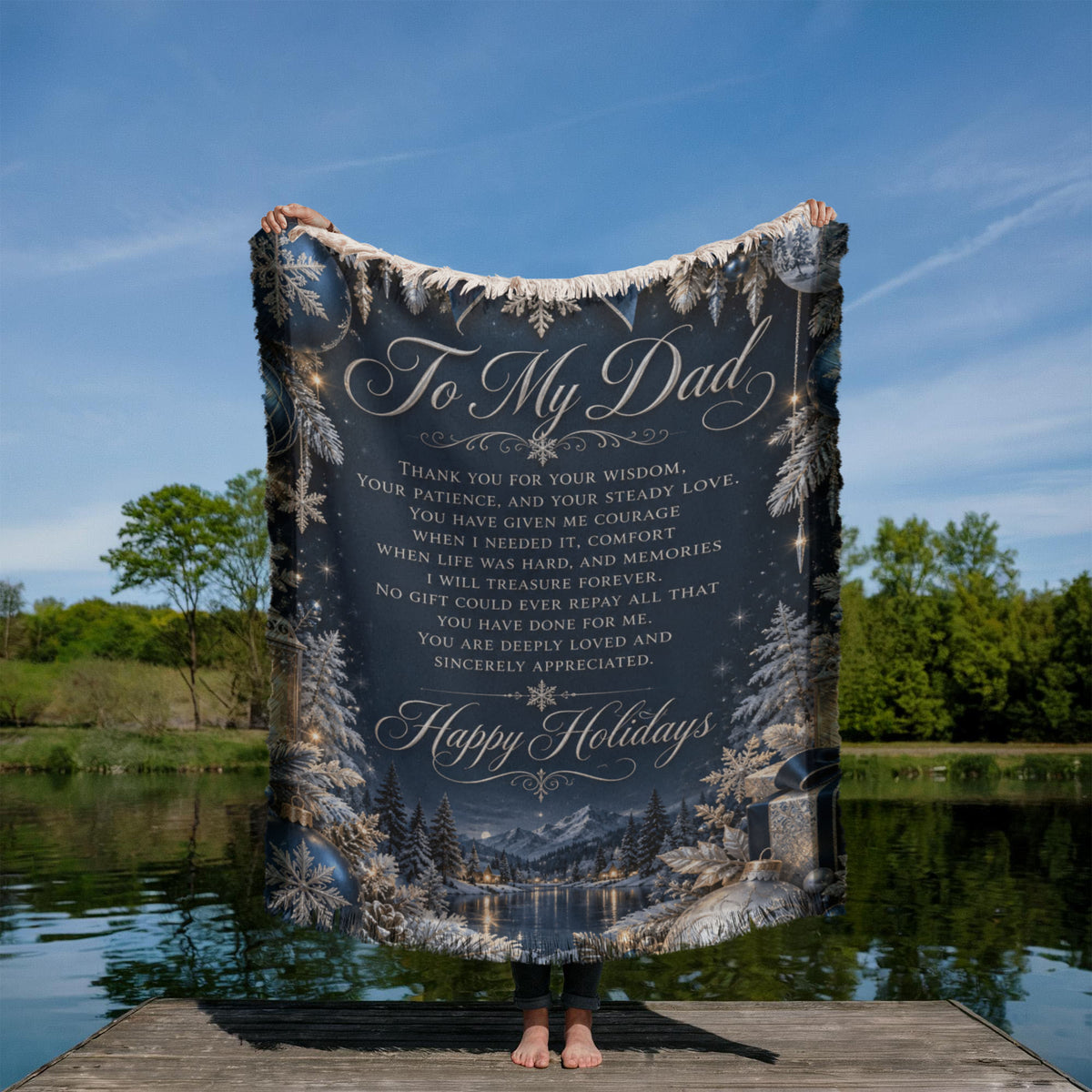 To My Dad Christmas Woven Blue Blanket – Heartfelt Holiday Gift for Dad, Father Christmas Keepsake