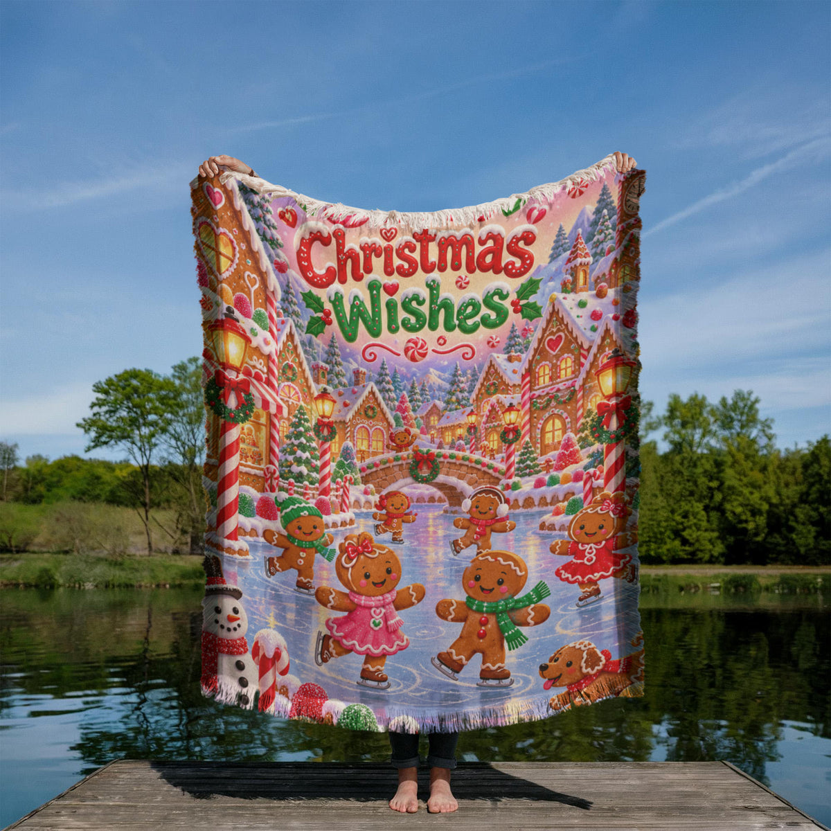 Kids Gingerbread Christmas Throw Blanket- Colorful Candy Village Holiday Blanket for Children