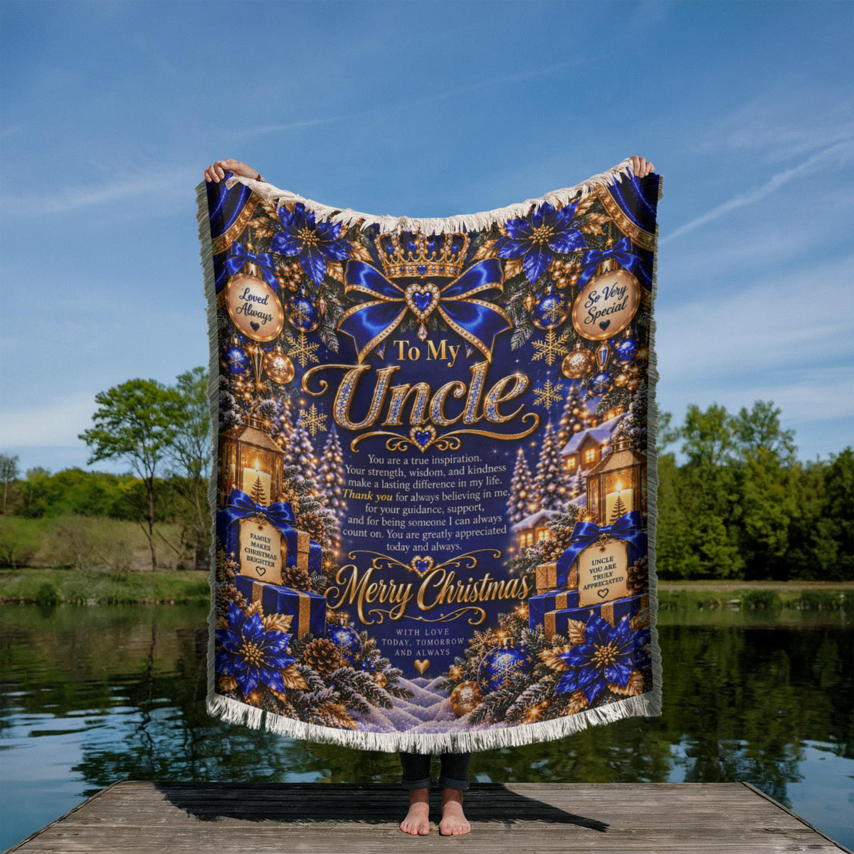 To My Uncle Christmas Woven Blue Blanket – Heartfelt Holiday Keepsake Gift for Uncle