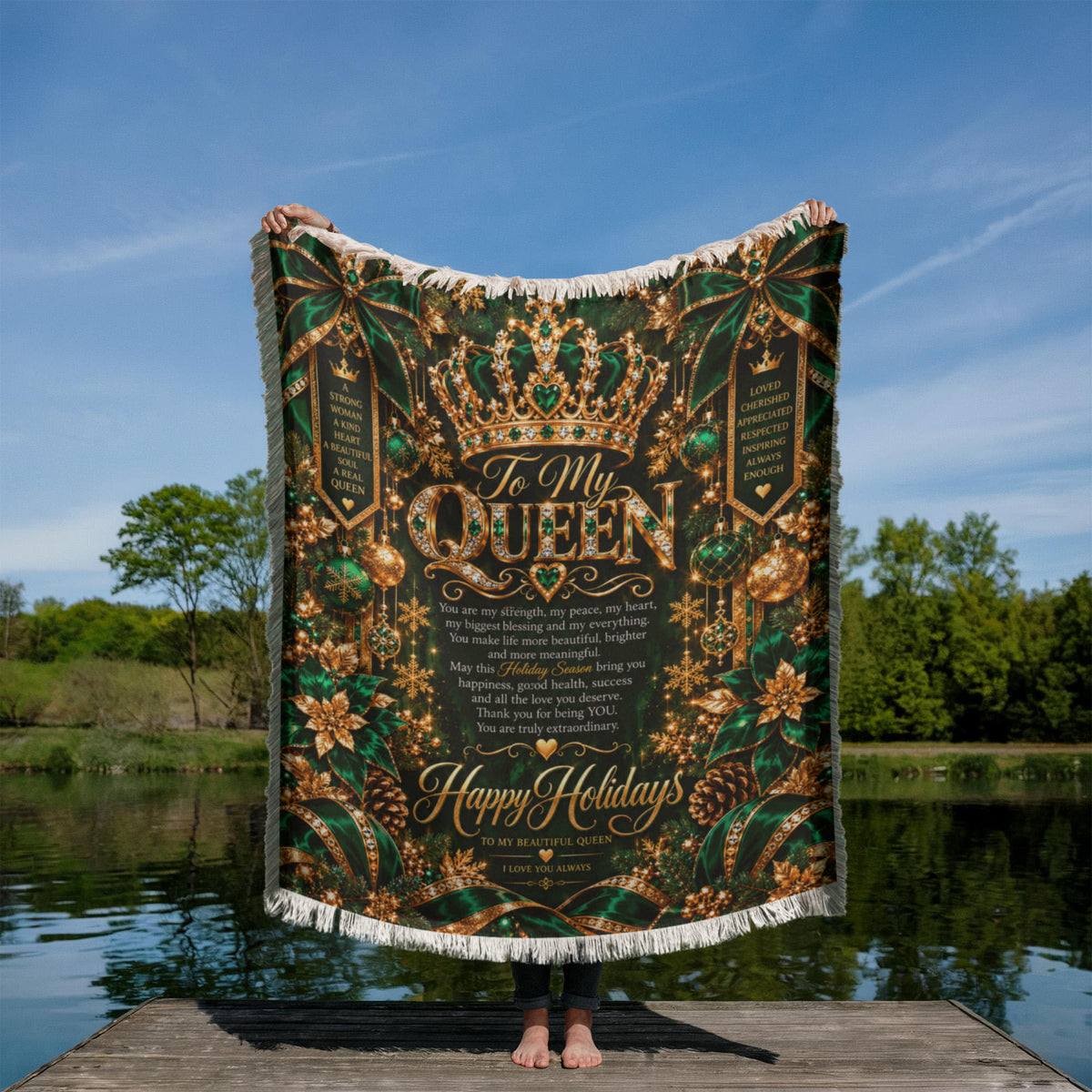 Queen Happy Holidays Printed Green Woven Blanket – Luxury Christmas Keepsake Gift