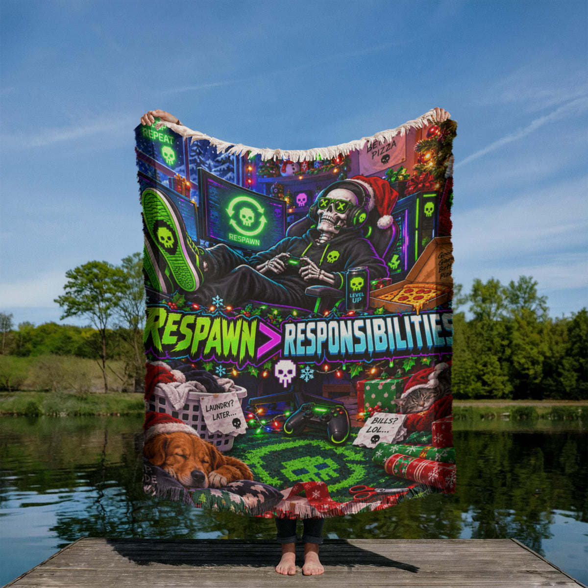 Respawn Over Responsibilities Funny Gamer Christmas Woven Throw Blanket –Holiday Gift for Adult Gamers