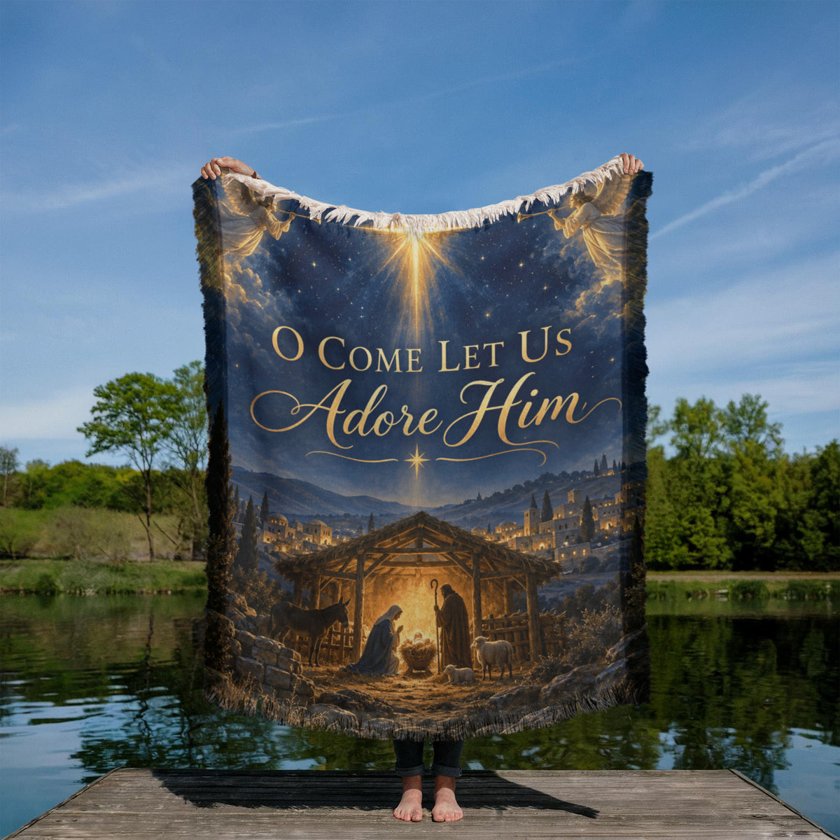 Christian Nativity Christmas Throw Blanket- O Come Let Us Adore Him Religious Holiday Gift