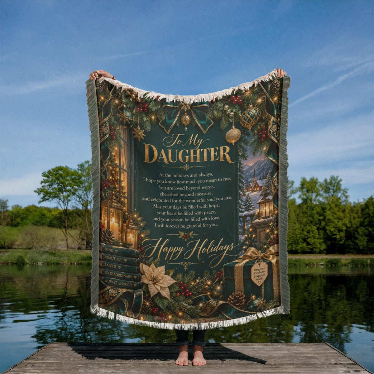 Daughter Happy Holidays Printed Woven Green Blanket – Heartfelt Christmas Keepsake Gift
