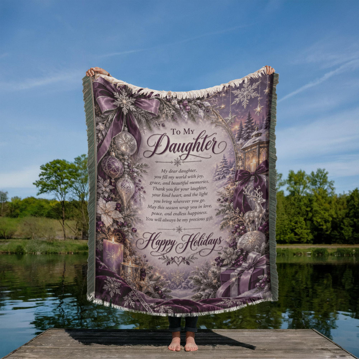 Daughter Happy Holidays Printed Woven Purple Blanket – Heartfelt Christmas Keepsake Gift