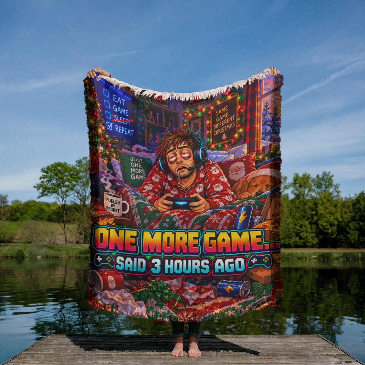 One More Game Funny Gamer Christmas Woven Throw Blanket – Holiday Gift for Adult Gamers