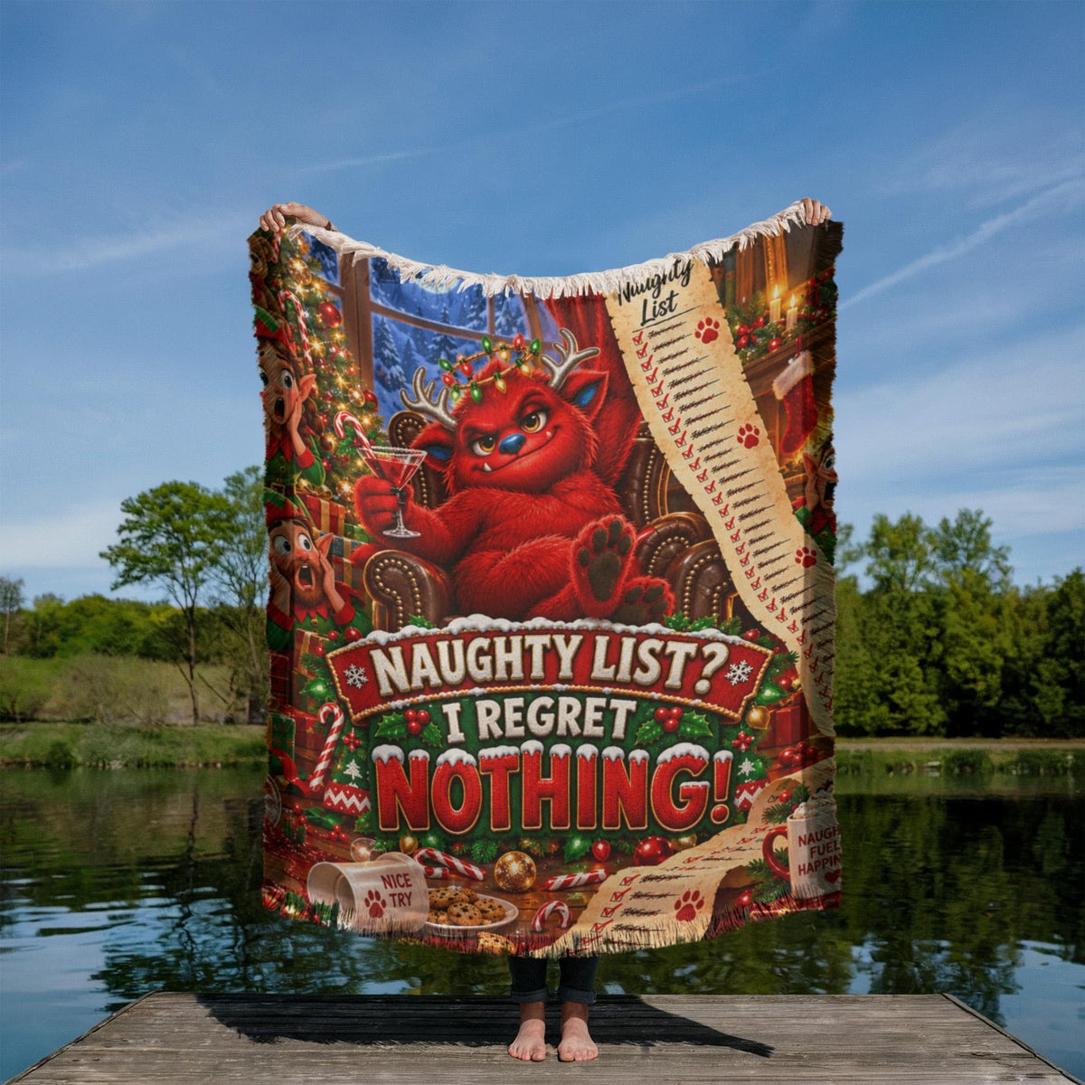 Naughty List No Regrets Funny Christmas Woven Throw Blanket – Adult Holiday Gift
