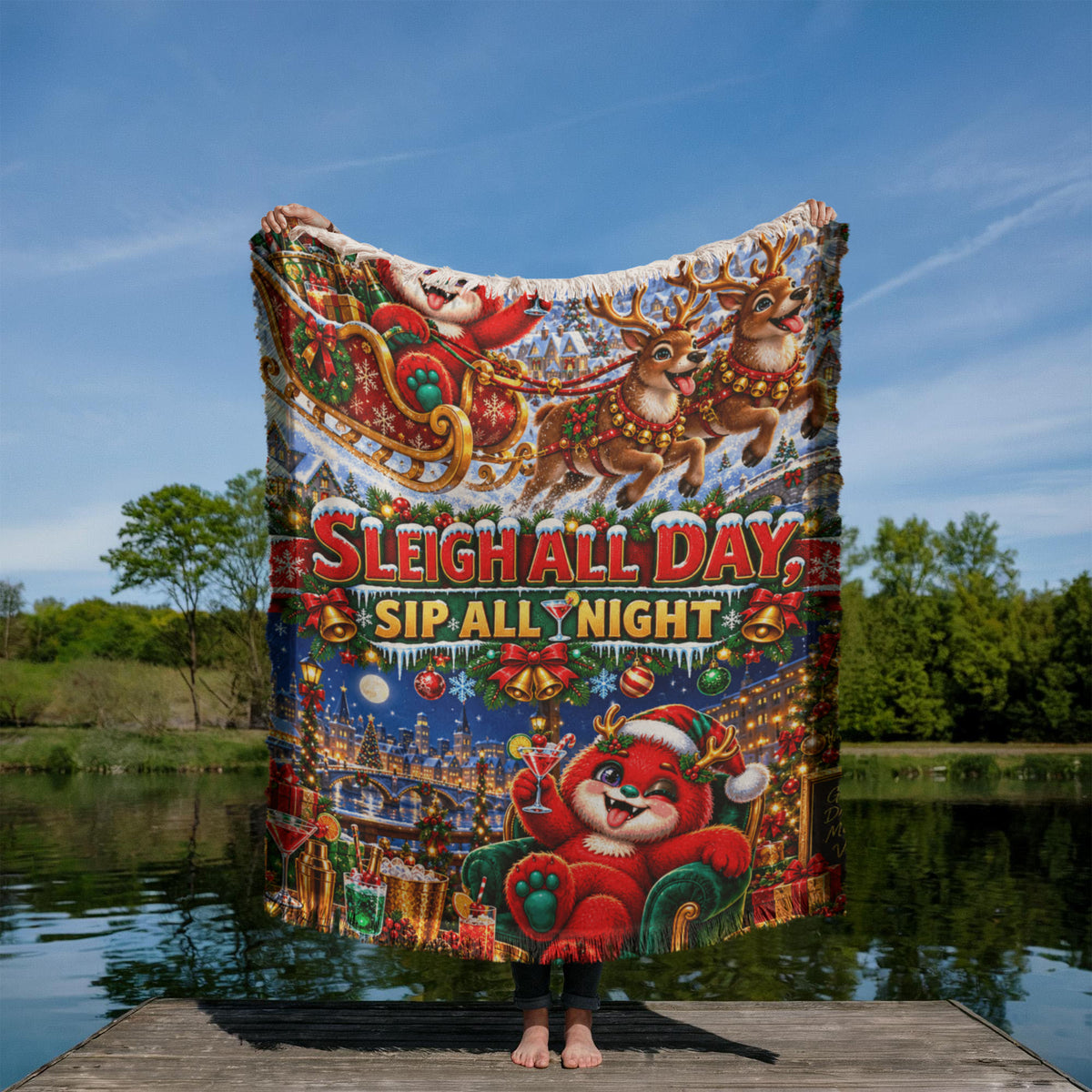 Sleigh All Day Sip All Night Funny Christmas Woven Throw Blanket –Holiday Gift for Adults