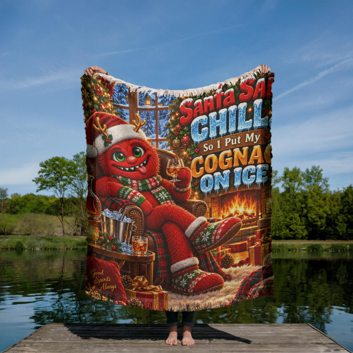Santa Said Chill, So I Put My Cognac on Ice Funny Christmas Woven Throw Blanket – Adult Holiday Gift