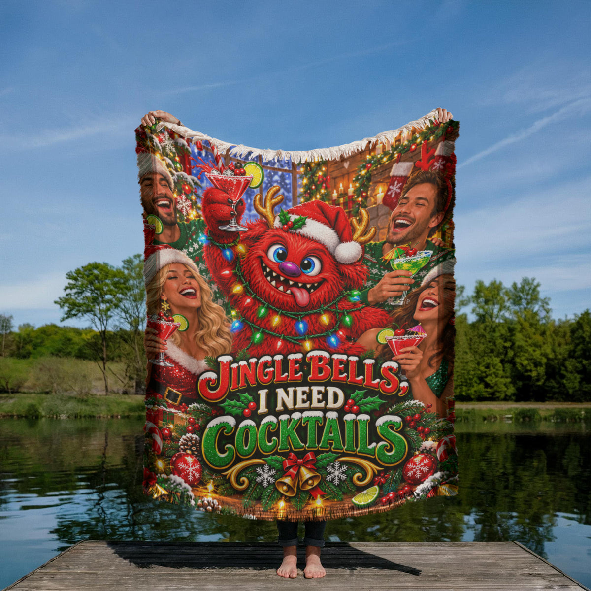 Jingle Bells I Need Cocktails Funny Christmas Woven Throw Blanket –Adult Holiday Gift