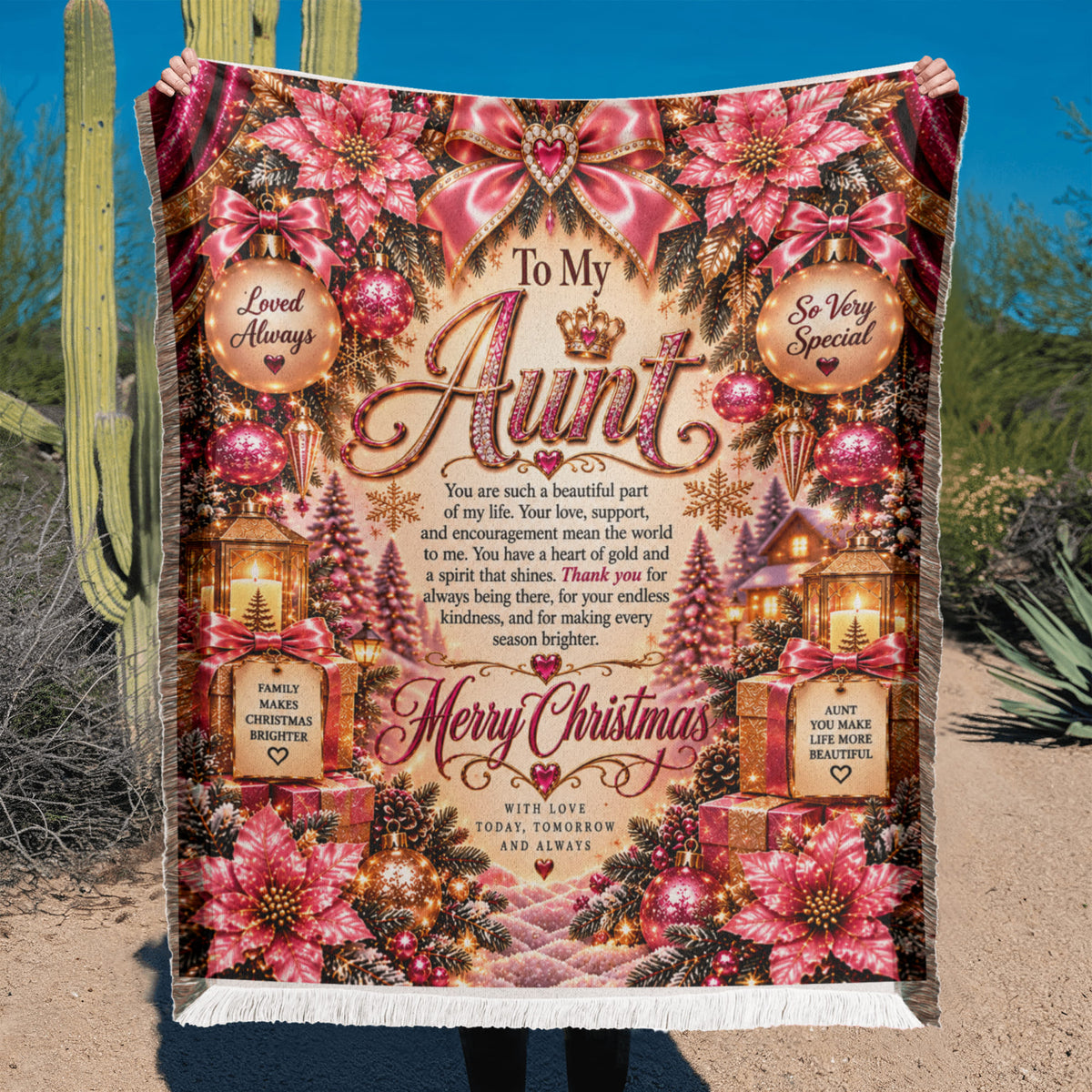 Aunt Merry Christmas Woven Blanket – Sentimental Pink Keepsake Gift for Aunt