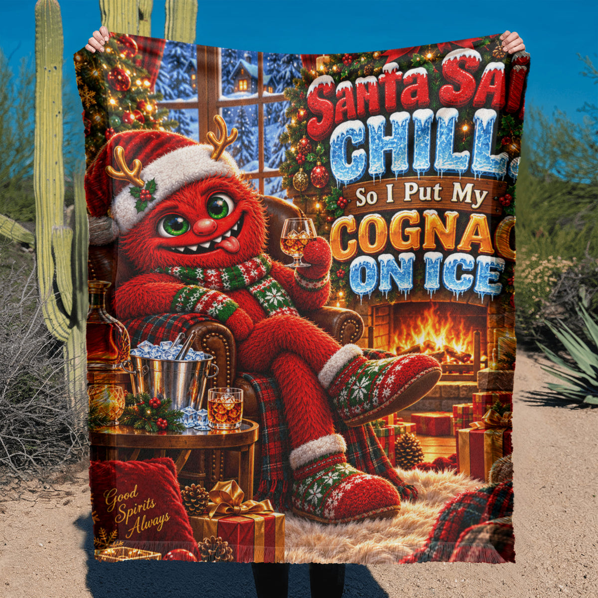 Santa Said Chill, So I Put My Cognac on Ice Funny Christmas Woven Throw Blanket – Adult Holiday Gift