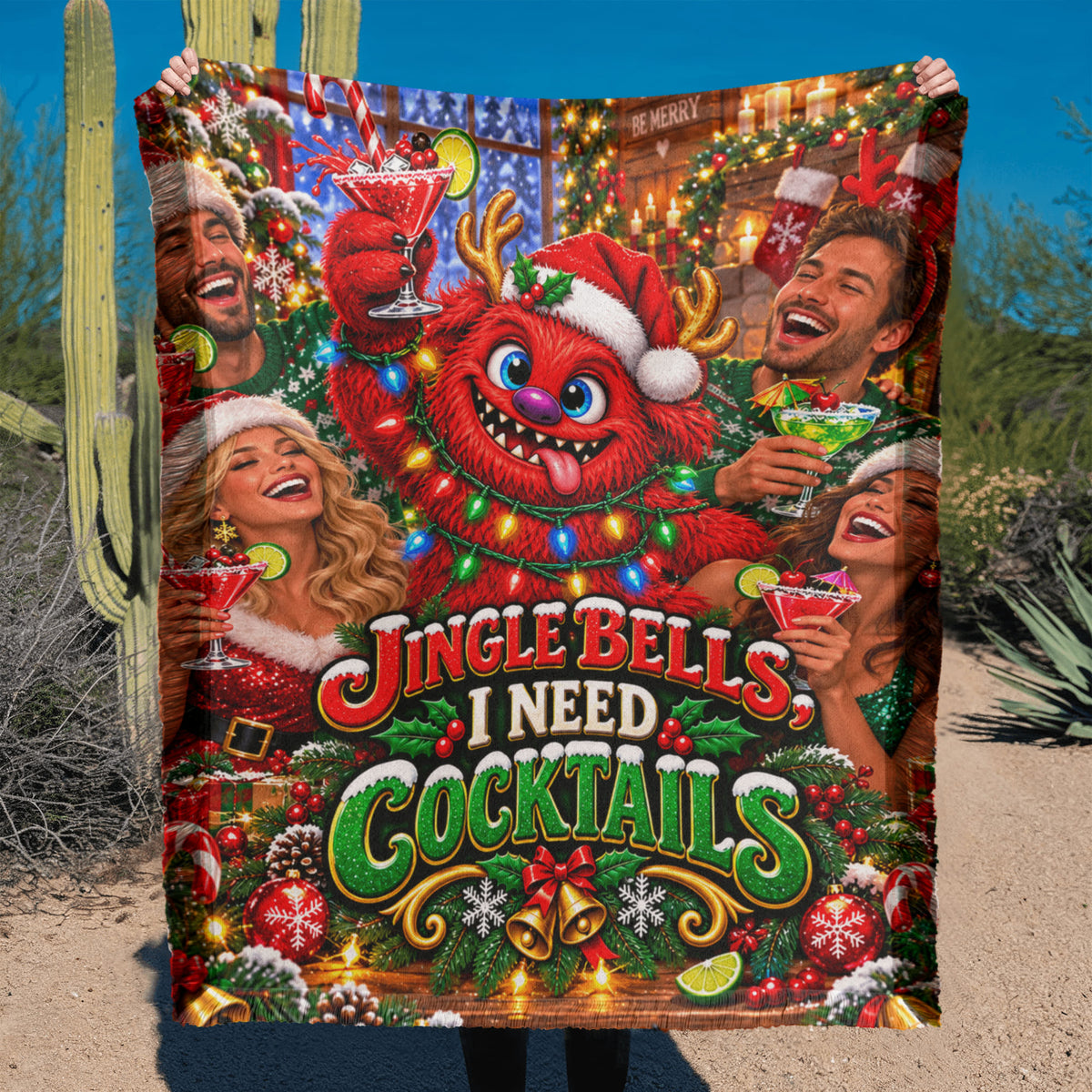 Jingle Bells I Need Cocktails Funny Christmas Woven Throw Blanket –Adult Holiday Gift