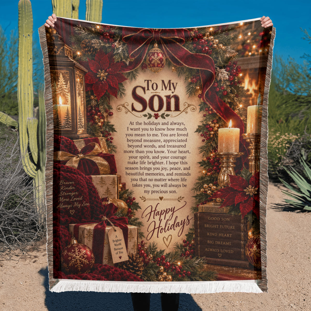 Son Happy Holidays Printed Red Woven Blanket – Heartfelt Christmas Keepsake Gift