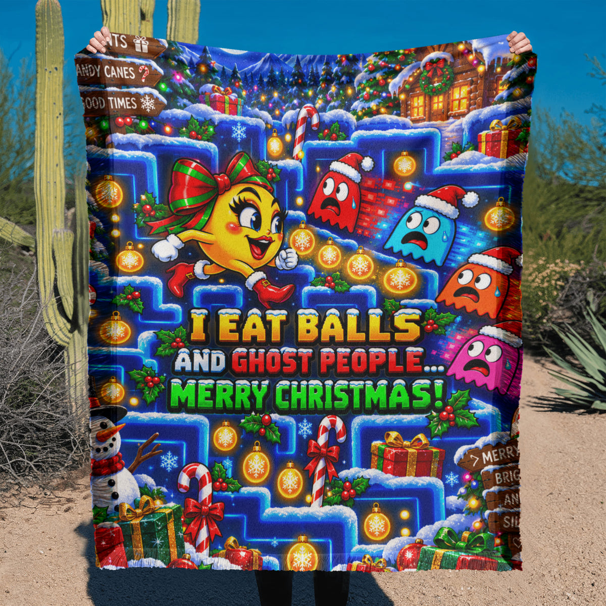 I Eat Balls and Ghost People Funny Christmas Woven Throw Blanket – Retro Arcade Gamer Holiday Gift,