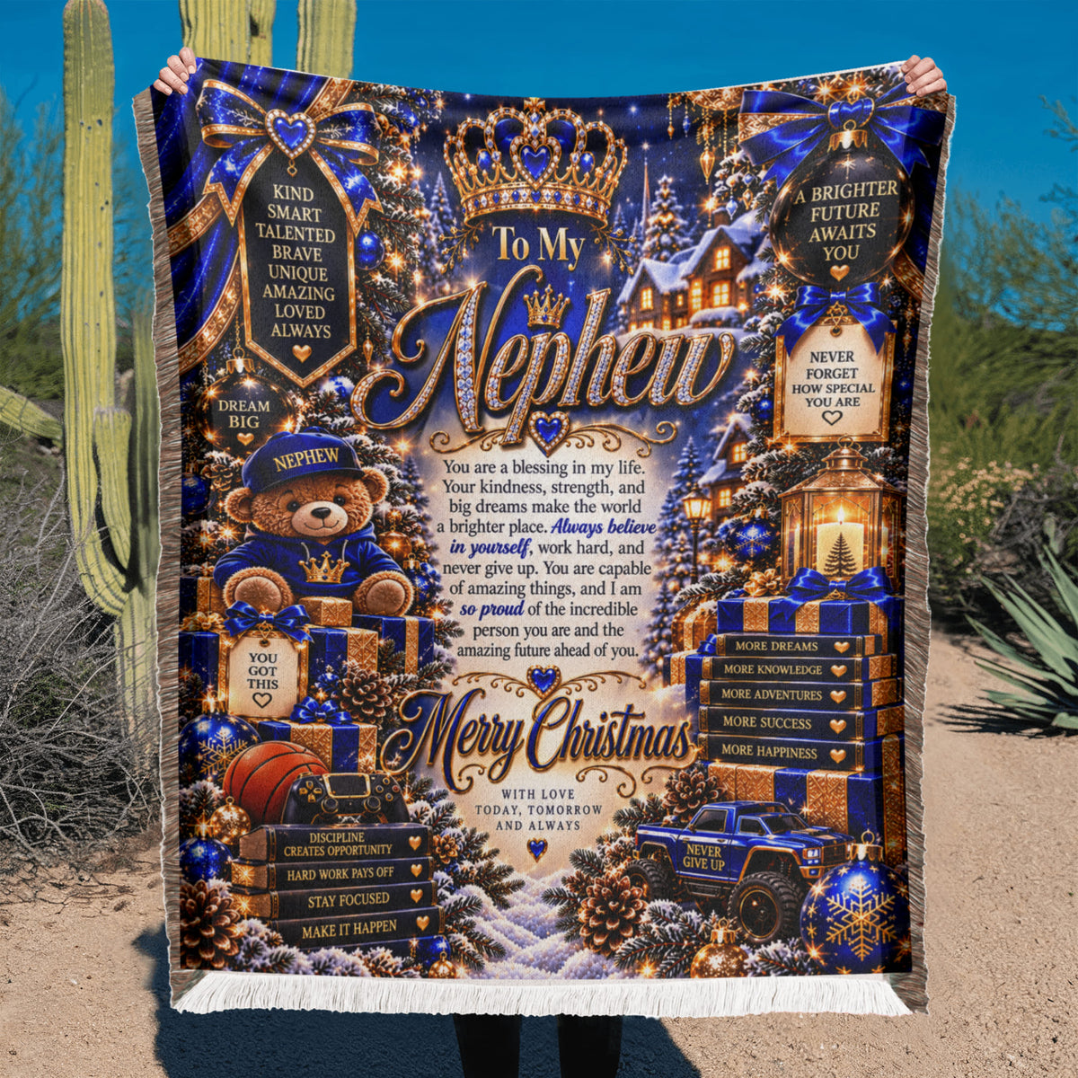 To My Nephew Christmas Woven Blue Blanket – Heartfelt Holiday Keepsake Gift for Nephew