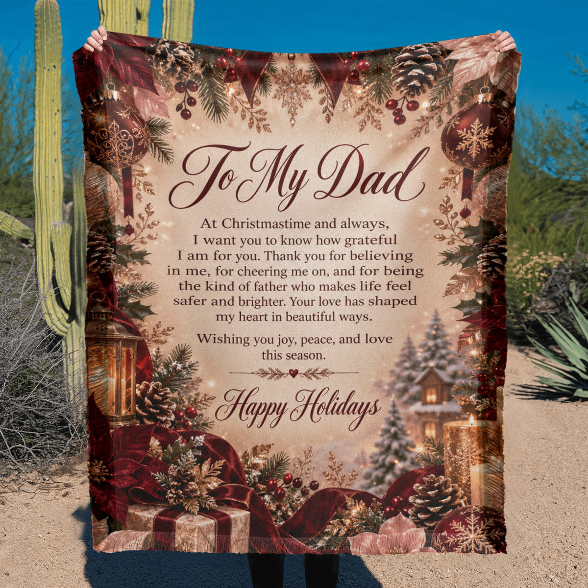 To My Dad Happy Holidays Woven Burgundy Blanket – Heartfelt Holiday Gift for Dad, Father Christmas Keepsake